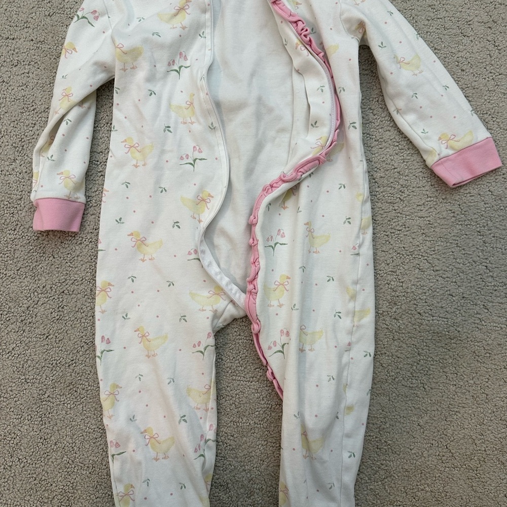 Kids Pink Trim White Floral Duck Print Pajamas